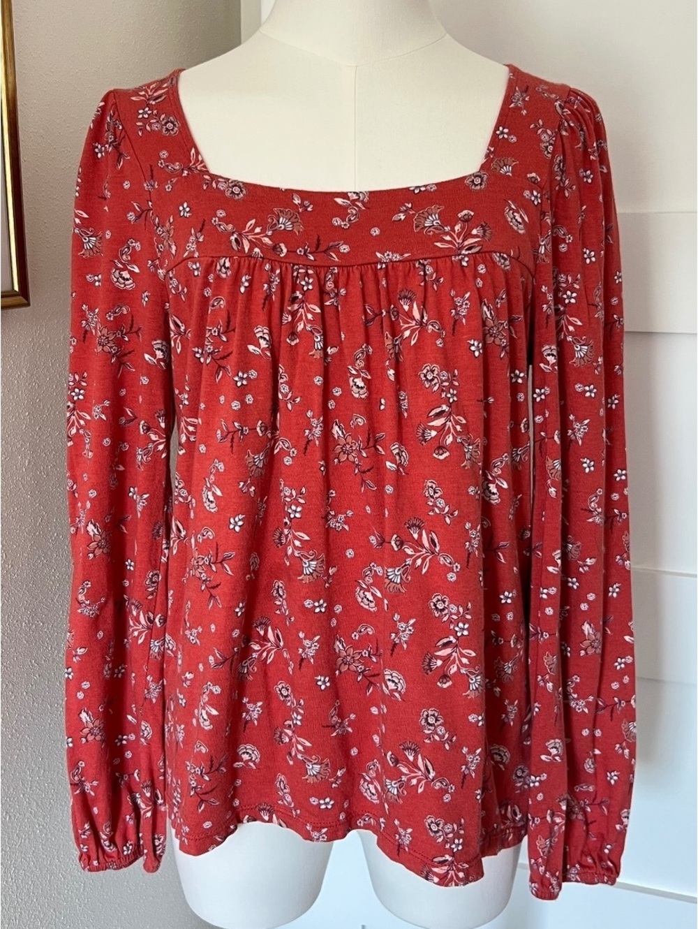 Lucky Brand Floral Peasant Blouse Small Red Boho